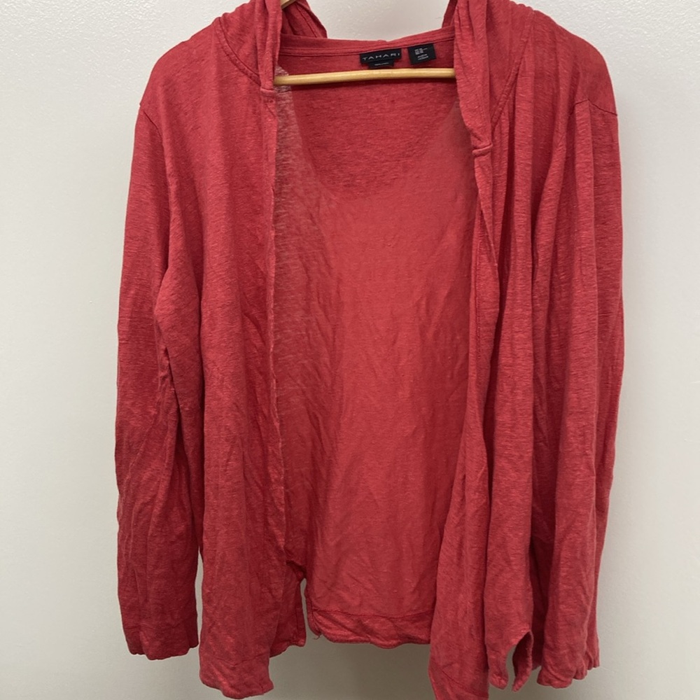 Tahari Open Sweater Tunic “the GOOD” Red 100% Linen Top Open Tunic EUC